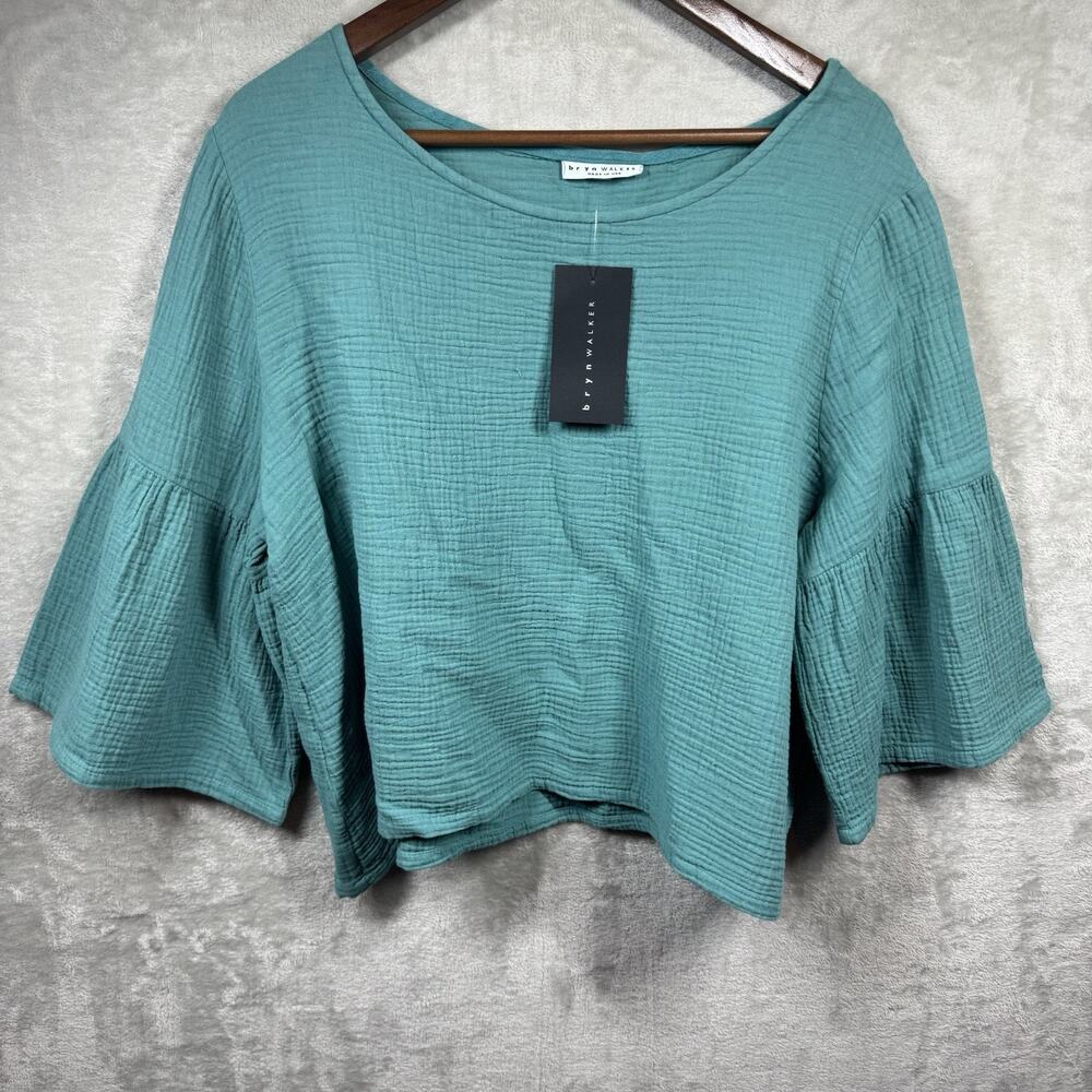 BRYN WALKER NEW Top S Frida Texture Cotton Gauze Cropped 3/4 Bell Sleeve Green